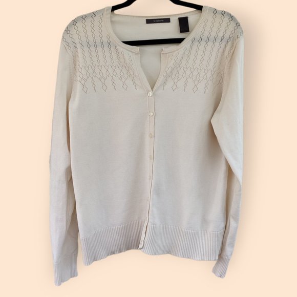 Liz Claiborne Sweaters - Liz Claiborne Large Knit Silk Button Down Cardigan Cream Off White Patterned